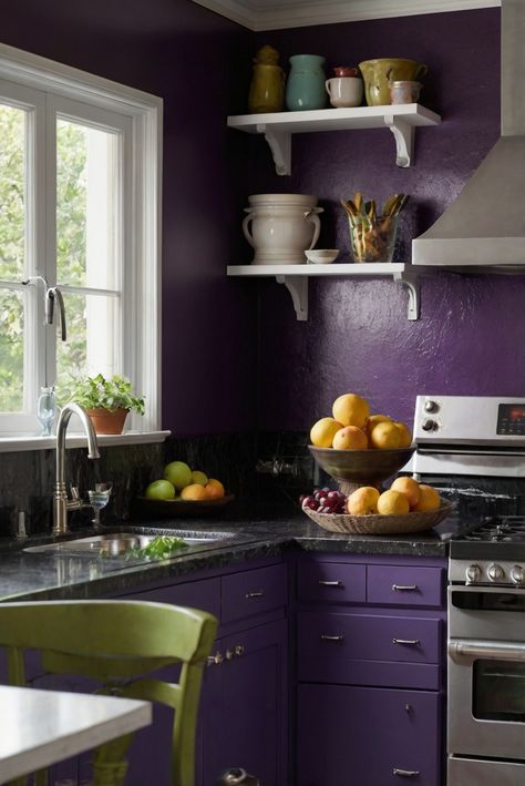 kitchen design, interior design, home decor, wall paint Purple Kitchen Designs, Purple Cabinets, Light Oak Floors, Purple Kitchen, Accent Wall Paint, Purple Tones, Dark Burgundy, Studio Interior, Updating House