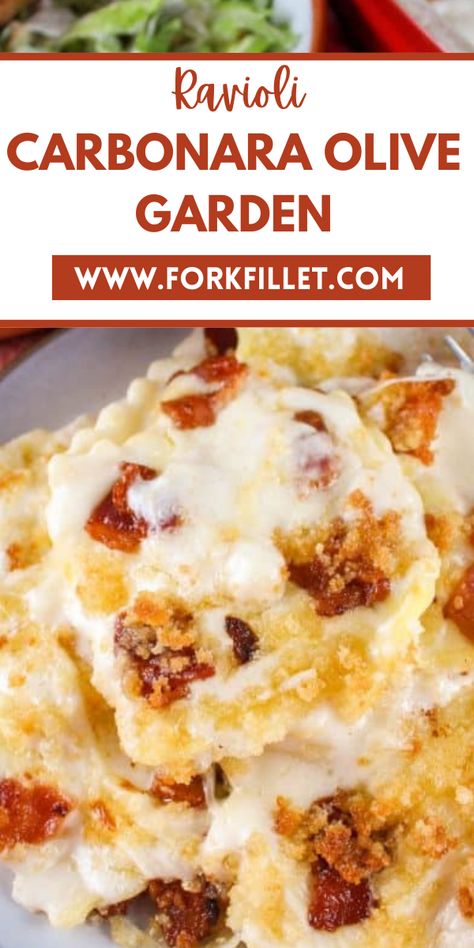 Want tasty Italian food? Try Ravioli Carbonara Olive Garden Recipe! It's creamy pasta with cheese ravioli. Ravioli Carbonara, Olive Garden Recipe, Cheese Ravioli Recipe, Pasta With Cheese, Pasta With Alfredo Sauce, Carbonara Sauce, Olive Garden Recipes, White Sauce Pasta, Ravioli Recipe