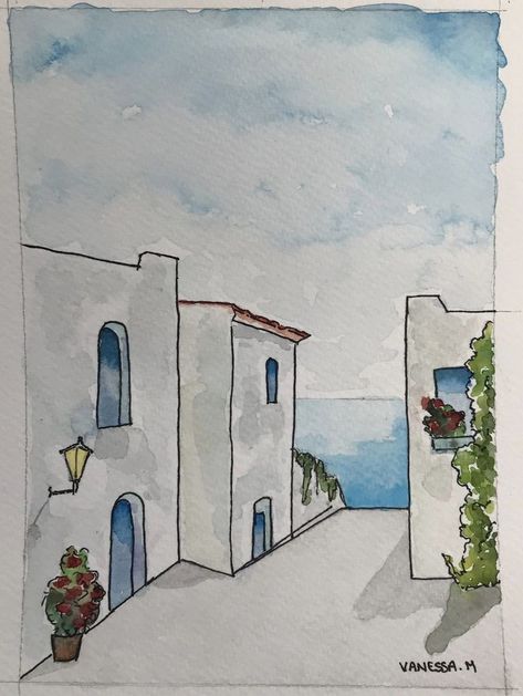 Watercolor Inspo Landscape, Landscape Drawing Simple, Watercolour Line Art, Watercolor Architecture Simple, Landscape Paintings Easy Simple, Watercolor Art Landscape Simple, Aesthetic Watercolor Art Easy, Architecture Drawing Easy, Watercolor Landscape Paintings Easy