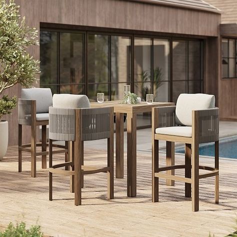 barstools | West Elm Outdoor High Top Table And Chairs, Outdoor Bar Stools With Backs, Modern Outdoor Bar Stools, Villa Ideas, Deck Bar, Driftwood Finish, Knysna, Patio Bar Stools, Outdoor Bar Table