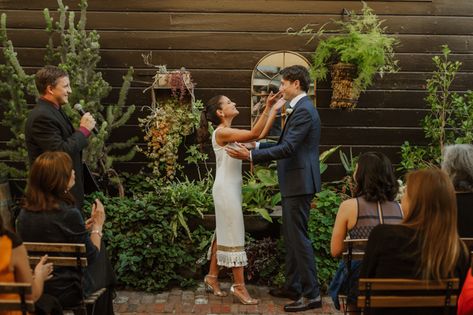 Charming and Intimate Stable Cafe Wedding | Junebug Weddings Wedding With Greenery, Stable Cafe, Summer In San Francisco, Cafe Wedding, Sf Wedding, Bistro Lights, Photography Day, Bridal Jacket, Romantic Mood