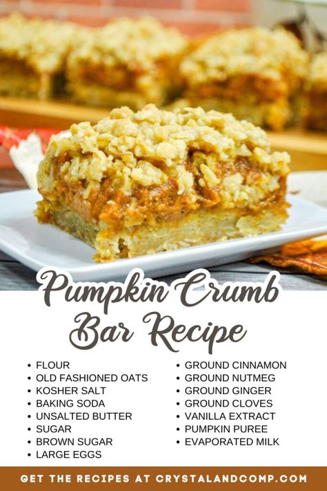 Pumpkin Crumb Bar ingredient list Types Of Sweets, Pumpkin Spice Cheesecake, Pumpkin Bread Pudding, Crumb Bars, Pumpkin Spice Recipe, Food For Family, Sugar Pumpkin, Baking Essentials, Bar Recipe