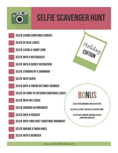 Holiday edition of Selfie Scavenger Hunt                                                                                                                                                                                 More Selfie Scavenger Hunt For Adults, Christmas Photo Scavenger Hunt Ideas, Christmas Photo Scavenger Hunt, Christmas Selfie Scavenger Hunt, Selfie Scavenger Hunt, Christmas Team Building Activities, Christmas Competition Ideas, Christmas Scavenger Hunt For Adults, Xmas Games