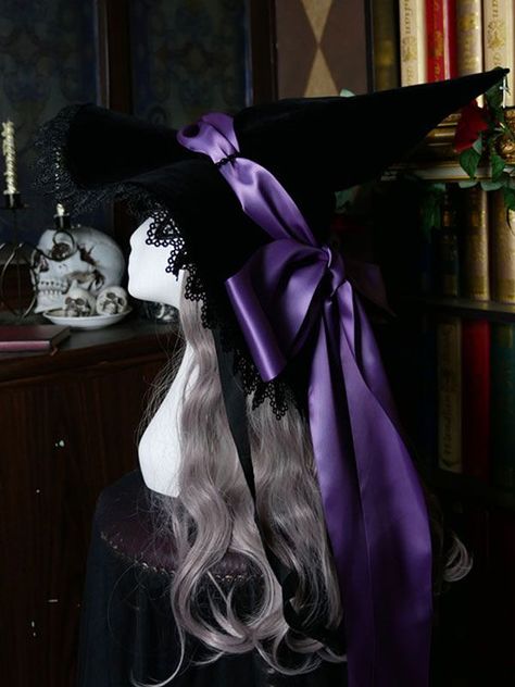 Witch Hats Costume, Gender Euphoria, Euphoria Aesthetic, Witch Fairy, Purple Witch, Rose Thorns, Wizard Hat, Lace Accessories, Halloween Witch Hat