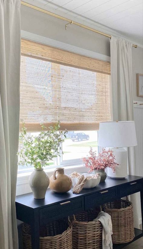 Decorate Under Window, Roman Shades Big Window, Big Kitchen Window Curtain Ideas, Studio Mcgee Curtains, Under Window Decor, Window Desk, Oak Windows, Bathroom Window Curtains, Living Room Entertainment Center