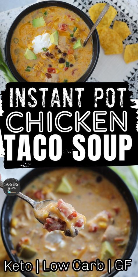 An EASY Instant Pot taco soup with chicken that's creamy with beans and corn too. You'll LOVE this pressure cooker chicken taco soup recipe! Chicken Taco Soup Instant Pot, Taco Soup Instant Pot, Instant Pot Chicken Taco Soup, Chicken Instapot, Chicken Taco Soup Recipe, Chicken Beans, Soup Instant Pot, Chicken Tacos Easy, Taco Soup Recipe