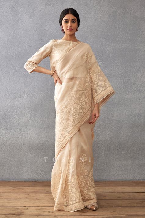 Buy Torani Beige Raw Silk Mradu Dea Saree With Embroidered Blouse Online | Aza Fashions Long Sleeve Saree Blouse, Peach Saree, Scallop Border, Block Print Saree, Indian Designer Sarees, Modern Saree, Padded Blouse, Print Saree, Embroidery Hand