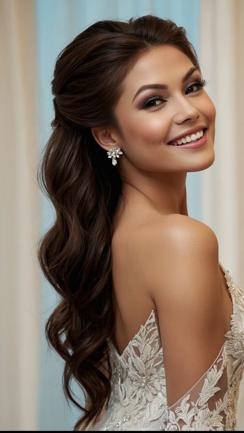 Discover stunning bridal hairstyles for long hair including elegant Indian updo easy half up down elegant updo wedding veil crown Pakistani black braid style ideas and boho inspiration Perfect for your big day Bridal Earrings Hair Down Half Up Half Down, Indian Wedding Reception Hairstyles, Indian Bridal Hairstyles Half Up Half Down, Indian Bridal Half Up Half Down, Indian Bridal Hair Half Up Half Down, Bridal Hair Half Up With Veil Brunette, Bridal Half Up Half Down With Veil, Indian Updo, Braid Style Ideas