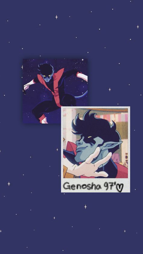 Two pictures of Nightcrawler from X-men 97 on a blue background with small white stars. One picture is a polaroid that says "Genosha 97' 🤍" Nightcrawler Xmen, X-men Wallpaper, Remy Lebeau, Skin Images, Kids' Movies, Uncanny X-men, A Wallpaper, The Uncanny, X Man