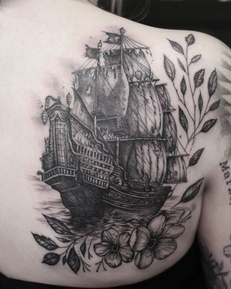 Black And Grey Pirate Ship Tattoo, Pirate Ship Tattoo Women, Pirate Ship Tattoo Sleeve, Ship Tattoo Sleeves, Ship Sketch, Pirate Ship Tattoo, Tattoo With Flowers, Ship Tattoo, Ghost Ship