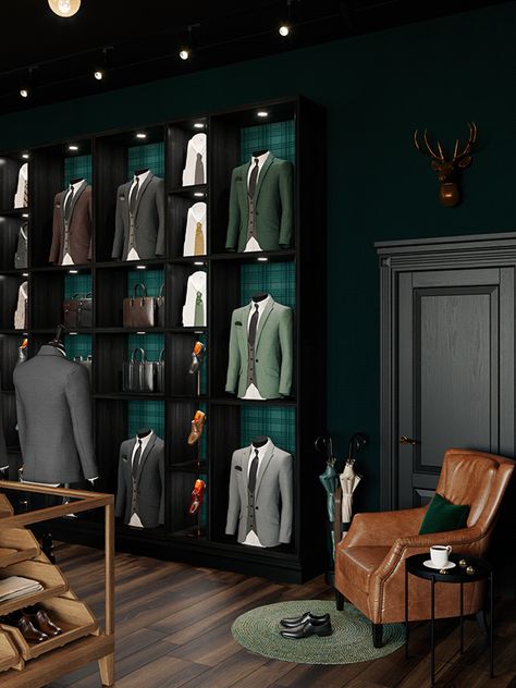 MEN'S BOUTIQUE "KINGSNAME" :: Behance Men Shop Design, Suits Store Design, Men’s Boutique, Mens Boutique Interior Design, Mens Store Display, Tailoring Shop Interior Design, Men's Clothing Store Design, Luxury Clothing Store, Mens Boutique