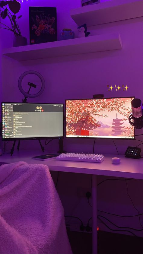 Gaming Youtuber Aesthetic, Gaming Astethic, Soft Gamer Aesthetic, Lilac Gaming Setup, Purple Gaming Room Aesthetic, Purple Aesthetic Gaming Setup, Gamer Room Ideas, Gaming Room Purple Aesthetic, Cherry Blossom Gaming Setup