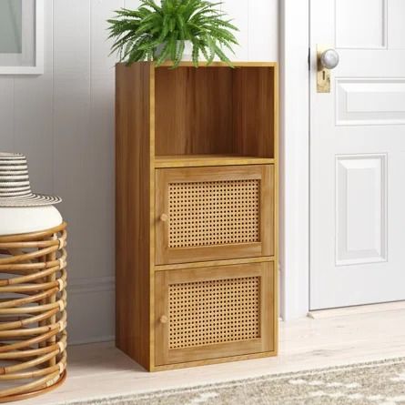 Beachcrest Home Renita 35.25" H x 16.5" W Cube Accent Cabinet | Wayfair Beach Inspired Living Room, Above The Cabinets, Small Shelving Unit, Apartment Desk, Wooden Door Knobs, Cabinet Latches, Rattan Doors, Cube Shelf, Cabinet Latch