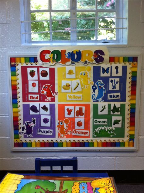 Interactive bulletin board based on pin of color board from http://www.littlehandsbigwork.com. Kids start next wee so we are excited to see how they like it. Color Theme Bulletin Board, Preschool Bulletin Boards Interactive, Color Board Preschool, Classroom Decor For Daycare, Color Theme Board For Preschool, Color Display Classroom, Preschool Room Decor Classroom Setup, Color And Shape Bulletin Board, Art Wall For Preschool Classroom