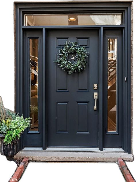 Black Doors Exterior Front Entry, Colonial House Front Door, Unique Houses Exterior, Portico Design, Black Front Door, Front Door Lighting, Colonial House Exteriors, Best Front Doors, House Front Porch