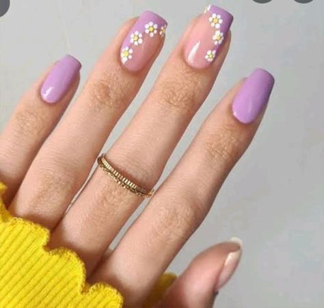 Summer Nail Designs, Square Nail Designs, Daisy Nails, Simple Gel Nails, Nails Only, Floral Nails, Summer Nail, Short Acrylic Nails, Purple Nails