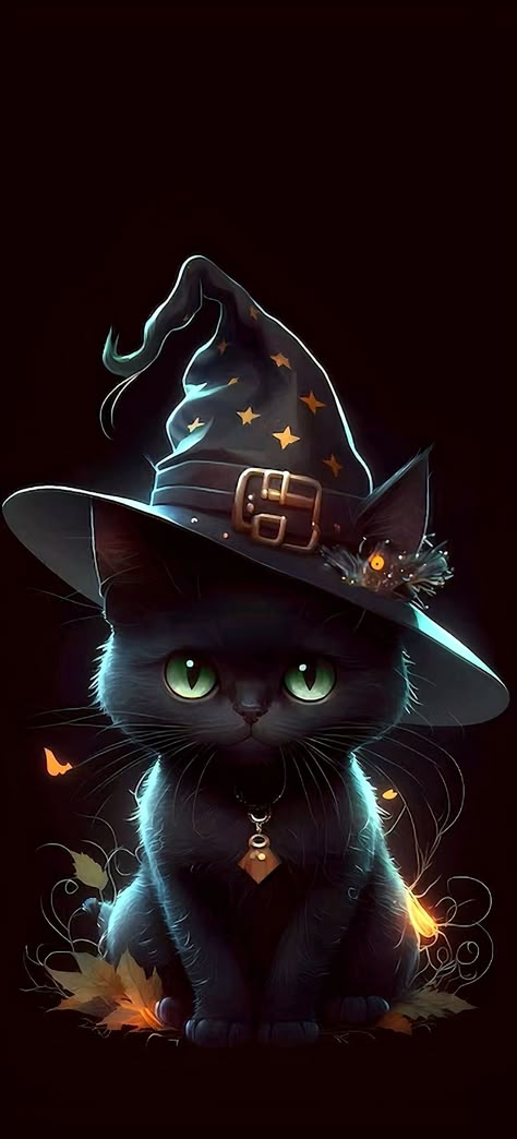 Cat Phone Wallpaper, Witch Wallpaper, Halloween Wallpaper Iphone Backgrounds, Halloween Wallpaper Backgrounds, Halloween Wallpaper Cute, Chat Halloween, Halloween Cats, Halloween Artwork, Image Chat