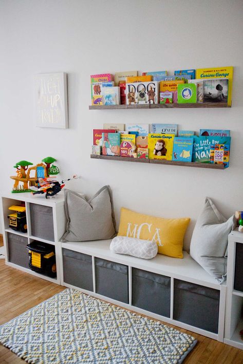 IKEA storage is king in this play room. The book rail displays colorful and beloved children's books in the kids' playroom. Storage Kids Room, Decor Ikea, Playroom Design, Ikea Storage, Toddler Bedrooms, Toy Rooms, Big Boy Room, Boys Bedrooms, Kids Room Design