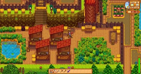 Stardew Valley - Hilltop 2 Farm | large stable area for my 4 horses > layout design | LadyAmalthea Stardew Valley Horse Stable, Farm Layout, Horse Stable, Nerd Love, Farming Simulator, Horse Ranch, Horse Stables, Stardew Valley, The Pond