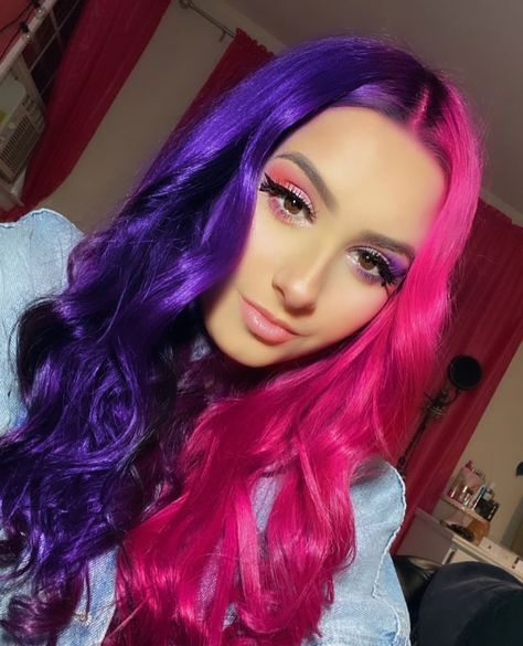 Vegan + Cruelty-Free Color on Instagram: “We may not be able to do crazy splits like the cast of Cheer can (IYKYK), but something tells us that THIS. IS. BETTER. 🤸🏼‍♀️👏🏼…” Two Different Hair Colors On Each Side, Pink And Purple Hair, Two Color Hair, Pink Purple Hair, Half And Half Hair, Split Dyed Hair, Arctic Fox Hair Color, Fox Hair, Creative Hair Color