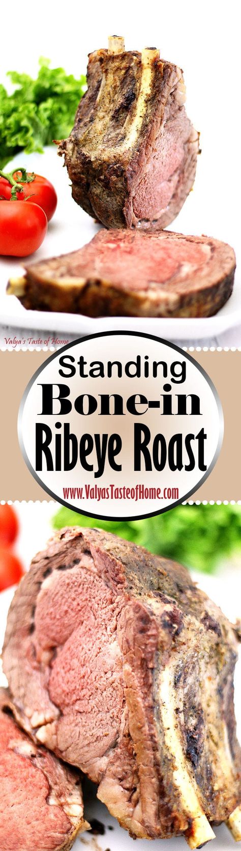 This Standing Bone-in Ribeye Roast Recipe is the most amazingly juicy, super soft and delicious pieces of meat in the steak family you can enjoy. And hey, if you want to splurge a little during a non-holiday season and enjoy a fantastic meal with your family, why not? So, if you need a perfect bone-in rib roast ultra-simple recipe, don’t miss out on this one. Enjoy! |www.valyastasteofhome.com Ribeye Bone In Roast Recipes, Ribeye Roast Recipes Bone In Oven, Beef Rib Eye Roast Recipes, Boneless Ribeye Roast, Beef Rib Eye Roast Bone In, Bone In Ribeye Roast, Prime Rib Roast Recipe, Ribeye Roast, Rib Roast Recipe