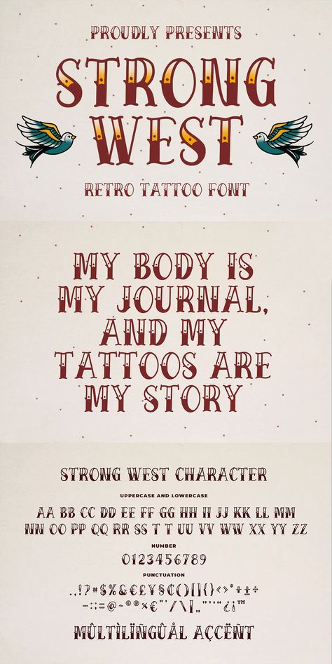 Strong West - Retro Tattoo Font Western Script Tattoo, Western Lettering Tattoo, Vintage Tattoo Font, Traditional Tattoo Fonts, Western Font Tattoo, Traditional Tattoo Lettering, Traditional Tattoo Font, American Traditional Font, Traditional Tattoo Font Lettering