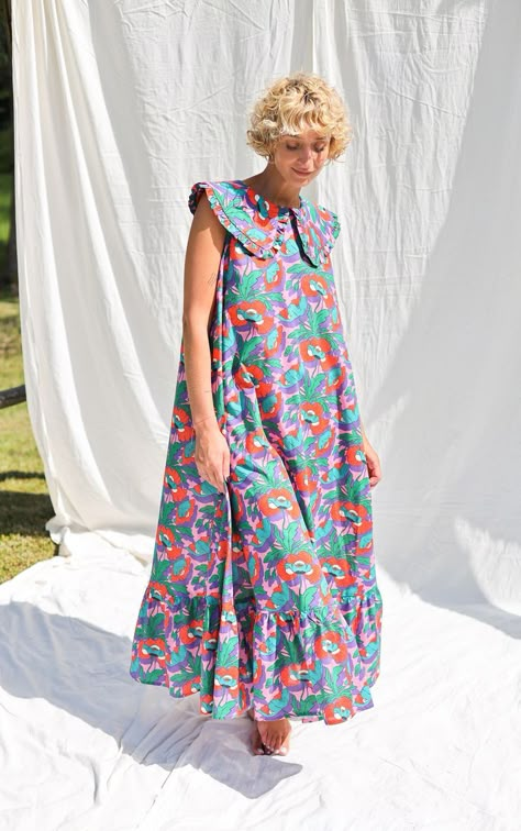 Cotton Printed Dress Pattern, A Line Cotton Dress, Puritan Collar, Simple Maxi Dress, Dress Layering, Floral Dress Long, Long Sleeve Summer Dress, Handmade Wardrobe, Printed Cotton Dress