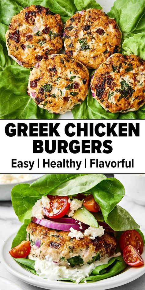 Greek chicken burgers recipe. Chicken Patties Meals, Greek Chicken Burgers Tzatziki, Greek Burgers Chicken, Greek Chicken Burgers Recipe, Mediterranean Chicken Burgers, Healthy Dinner Ground Chicken, Mediterranean Chicken Patties, Meals With Tzatziki Sauce, Greek Chicken Patties