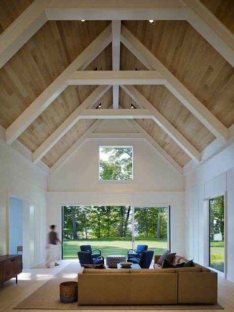 Living Room / Kitchen Vaulted Ceiling Ideas, Vaulted Ceiling Living Room, Wooden Ceiling, Ceiling Ideas, Living Room Ceiling, Waterfront Homes, Wood Beams, The Ceiling, Mountain House