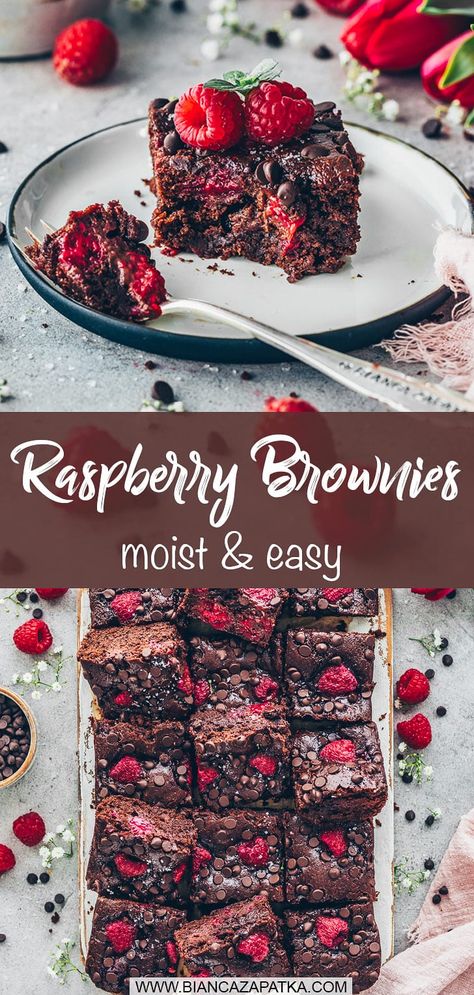 A quick and easy recipe for the best vegan chocolate raspberry brownies that are moist, fudgy and delicious! Perfect dessert or cake snack! #brownie #chocolate #raspberries #cake #easyrecipes #bakingrecipes #veganrecipes #recipes #dessert #vegan #baking #quickrecipes | biancazapatka.com Chocolate And Raspberry Brownies, Vegan Rasberry Deserts, Vegan Raspberry Brownies, Raspberry Desserts Vegan, Raspberry Brownie Recipes, Vegan Raspberry Dessert, Vegan Raspberry Recipes, Baking Recipes Vegan, Berry Brownies