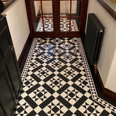 Black Laminate Flooring, Mosaic Floor Tiles, Amtico Flooring, Victorian Hallway, Victorian Floor Tiles, Hall Flooring, Tiled Hallway, Victorian Floor, Narrow Hallway Decorating