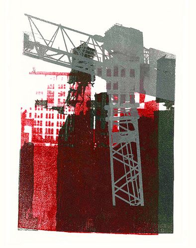 - Gray construction crane and water-towers in New York City -  - giclee fine art print, from her original mono-type collage, for sale; by Dutch graphic woman artist Hilly van Eerten Collagraphy, Construction Crane, Tower Crane, Woman Artist, City Sketch, Graphic Photo, A Level, Urban Environment, Industrial Art