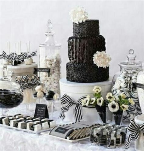 56 Elegant Black And White Wedding Dessert Tables | HappyWedd.com Dessert Bar Wedding Reception, White Dessert Tables, Euphoria Party, White Desserts, Prince Party, White Bridal Shower, White Cakes, Wedding Dessert Table, Wedding Dessert