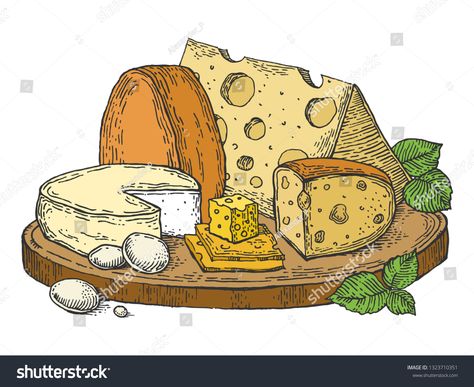 Plate of cheese color sketch engraving vector illustration. Scratch board style imitation. Hand drawn image. #Ad , #spon, #engraving#vector#illustration#sketch Cheese Drawing, Plate Drawing, Collage Drawing, Food Cartoon, Food Illustration Art, Types Of Cheese, Simple Illustration, Camping Art, Illustration Sketches