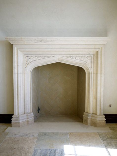 Cast Limestone Fireplace, Flat Stone Fireplace, Arched Fireplace Mantle, Old World Fireplace, Tudor Style Fireplace, Plaster Fireplace With Wood Mantel, French Chateau Fireplace, Stone Fireplace Exterior, Electric Fireplace Hearth