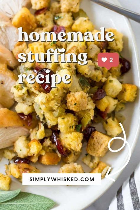 This easy, homemade stuffing recipe is made from scratch with croutons and loaded with flavor thanks to all the savories and cranberries. It’s baked in the oven and can be made in advance, so it’s perfect for Thanksgiving. Plus, this almost traditional stuffing is naturally vegan and dairy free. #stuffing #Thanksgiving Crouton Stuffing Recipe, Dairy Free Stuffing, Easy Homemade Stuffing, Homemade Stuffing Recipe, Dairy Free Thanksgiving Recipes, Homemade Stuffing Recipes, How To Make Croutons, Dairy Free Thanksgiving, Traditional Stuffing