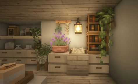 Tables Minecraft Ideas, Coffee Bar Minecraft, Minecraft Cozy Kitchen, Minecraft Coffee Table Ideas, Coffee Table Minecraft, Minecraft Living Room Ideas Cottage, Minecraft Coffee Table, Cute Minecraft Kitchen, Minecraft Cottage Interior