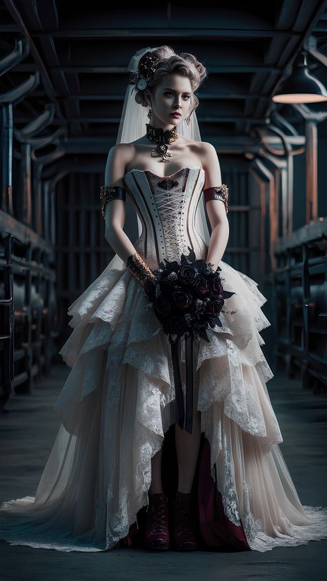 20 Wedding Dress Ideas for Industrial Weddings: Unique Styles Black Steampunk Wedding Dress, Steampunk Bridesmaid Dresses, Punk Wedding Dress, Pirate Wedding Dress, Alt Wedding Dress, Punk Wedding Dresses, Steampunk Wedding Decorations, Steampunk Wedding Gown, Goth Attire