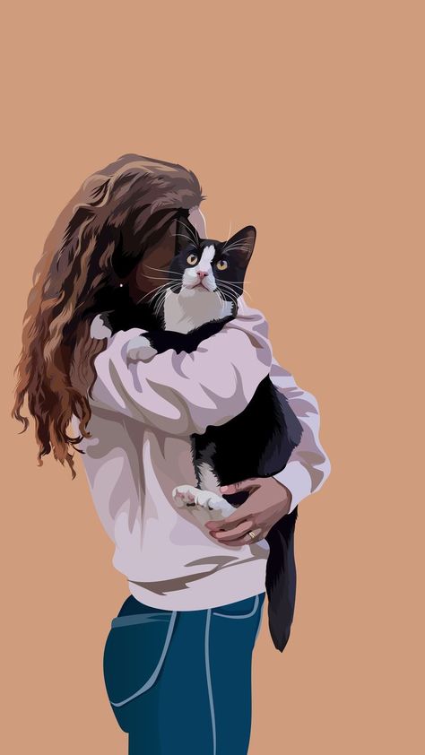 Beautiful cat portrait Cat Mom Aesthetic Wallpaper, Cat And Human Wallpaper, Cat Died Drawing, Woman With Cat Illustration, Tuxedo Cat Wallpaper Iphone, Cat Mom Illustration, Cat And Girl Drawing, Cat And Girl Illustration, Cat Mom Wallpaper