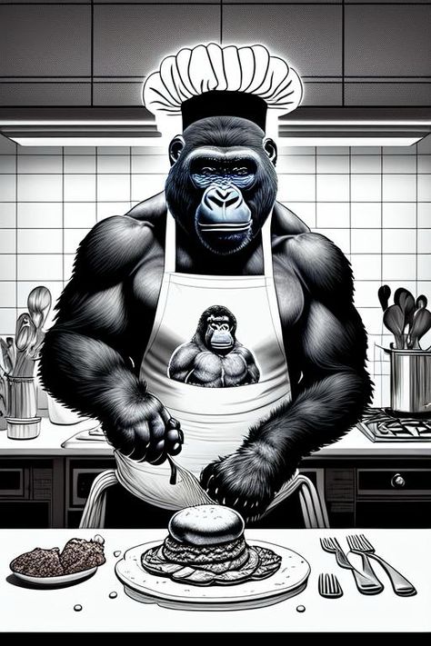 INK DRAWING COLORING PAGE A gorilla in the kitchen, prepare lunch. CHEF HAT,FLUORESCENCE, BRILLIANCE, black light. https://apps.apple.com/us/app/genzart-ai-art-generator/id1669915100 Chefs Hat, Ink Drawing, Art Pictures, Coloring Pages, Statue, Drawings, Color, Art