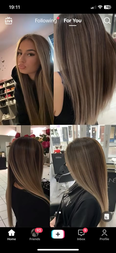 Pretty Haircuts For Long Hair Brunettes, Blond Melir Hair Brown, Hair Brown And Blonde Highlights, Blond Highlights In Dark Brown Hair, Dark Blonde Balayage Long Hair, Hair Colours For Blue Eyes, Highlights With Straight Hair, Kim K Highlights, Gloss Toner Before And After