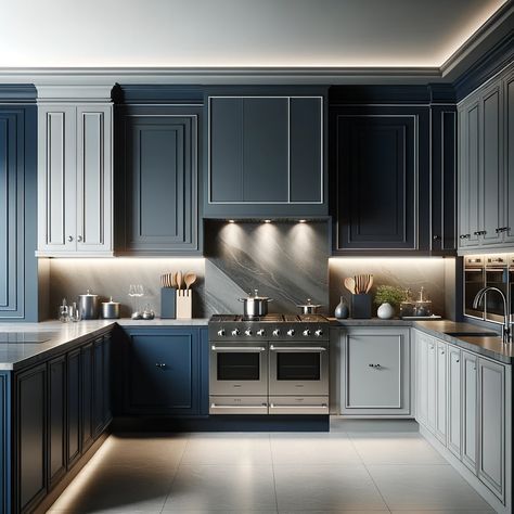 navy blue and cool gray two tone kitchen cabinets Dual Tone Kitchen Cabinets, Two Color Kitchen Cabinets, Taupe Kitchen Cabinets, Black And White Cabinets, Two Toned Kitchen Cabinets, Kitchen Glam, White Upper Cabinets, Taupe Kitchen, Kitchen Cabinetry Design