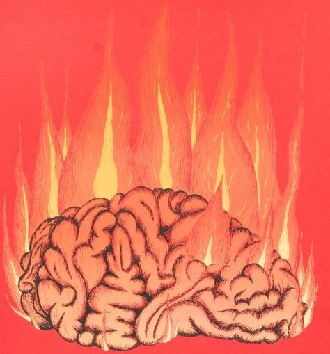 Brain on fire. Brain On Fire Tattoo, Brain On Fire Movie, Bpd Memes, Brain On Fire, Screaming Drawing, Cartoon Brain, Class Painting, Fire Movie, Fire Drawing