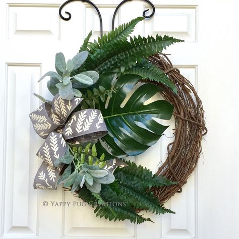 Tropical Wreaths, Tropical Wreath, Everyday Wreaths, American Red Cross, Year Round Wreath, Spring Wreaths, Green Wreath, Greenery Wreath, Ribbon Wreath