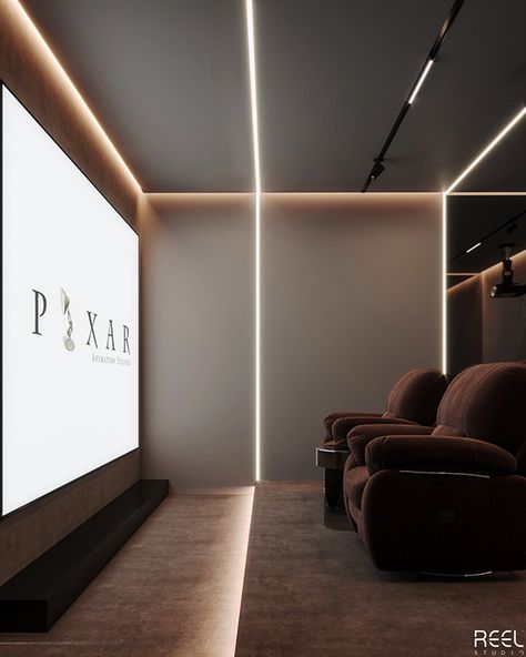 Home Theatre Screen Wall Design, Home Theater Lights, Home Cinema Lighting, Minimalist Home Theater, Vip Room Interior, Small Home Theater Seating, Cozy Home Cinema, Small Home Cinema, Small Cinema Room Ideas