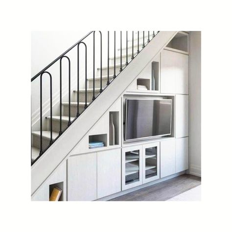 Inspiration courtesy: unknown .⁠ .⁠ .⁠ #underthestairs #staircase #mediawall #bespokejoinery #homeimprovement #fulhaminteriordesigner #homerenovations #interiordesigntips #londoninteriordesign #jenesaisquoilondon Staircase In Living Room, Under Stairs Storage Solutions, Room Under Stairs, تحت الدرج, درج السلم, Basement Designs, Staircase Interior Design, Open Trap, Interior Design Dining