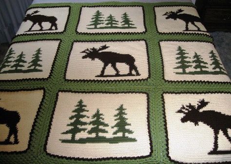 Montana Crochet Blanket Pattern, Wildlife Crochet Blanket, Deer Afghan Crochet Pattern Free, Crochet Deer Blanket Baby, Crochet Moose Blanket, Beginner Crochet Blanket, Crochet Moose, Moose Blanket, Crochet Deer