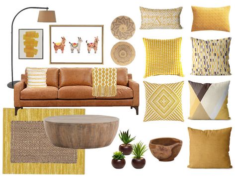 Living room design ideas, yellow and brown decor, color combinations, living room color scheme Grey Beige Mustard Living Room, Brown Cream And Mustard Living Room, Yellow Living Room Accents, Brown And Mustard Living Room, Yellow Theme Living Room, Beige And Yellow Living Room, Mustard And Brown Living Room, Brown And Yellow Living Room Ideas, Yellow Brown Living Room