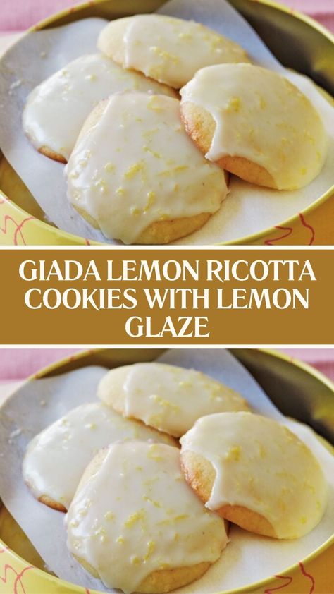 Giada Lemon Ricotta Cookies with Lemon Glaze Giada’s Lemon Ricotta Cookies, Italian Lemon Ricotta Christmas Cookies, Giada's Lemon Ricotta Cookies, Iced Lemon Cookies Recipes, Peach Wedding Cookies, Lemon Brunch Recipes, Giada Lemon Ricotta Cookies, Lemon Icing For Cookies, Authentic Italian Ricotta Cookies