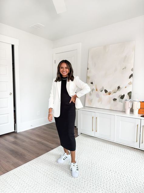 black sweater dress / white blazer / adidas / sneakers / work outfit / office outfit White Sneakers Outfit Classy, White Sneakers Work Outfit, Sneakers Office Outfit, Work Outfits Sneakers, Workwear With Sneakers, Sneakers Work Outfit, Work Outfit With Sneakers, White Blazer Outfit Work, Office Shoe